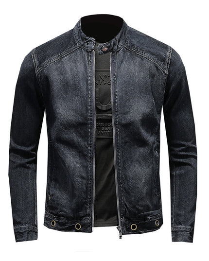 Stand-up Collar Dark Blue Motorcycle Vintage Zipper Denim Coat