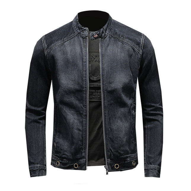 Stand-up Collar Dark Blue Motorcycle Vintage Zipper Denim Coat