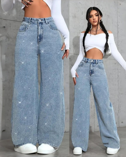 Women's Loose Mid-Waist Stretch Straight Jeans With Rhinestones