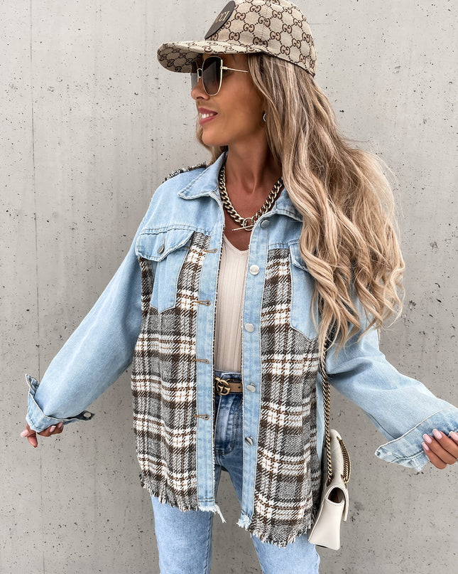 Denim Stitching Plaid Coat Loose Top Women