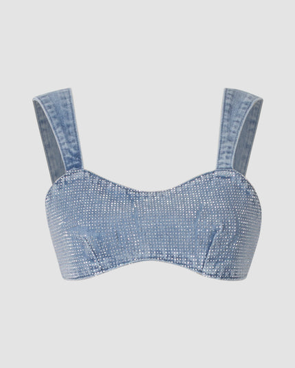 Elegant Glittery Denim Crop Top And Pants Ensemble