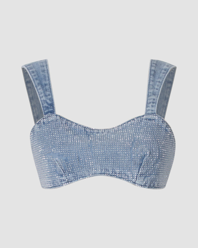 Elegant Glittery Denim Crop Top And Pants Ensemble