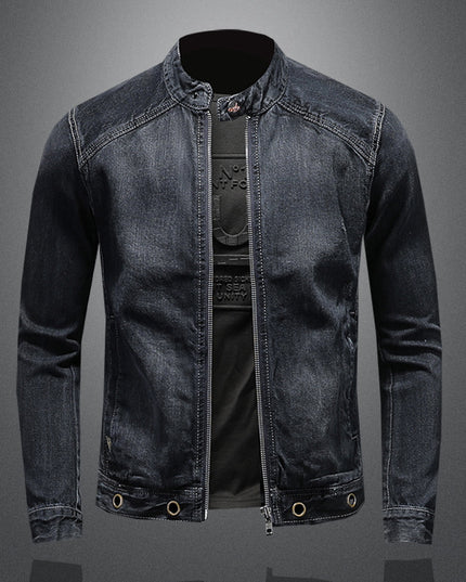 Stand-up Collar Dark Blue Motorcycle Vintage Zipper Denim Coat