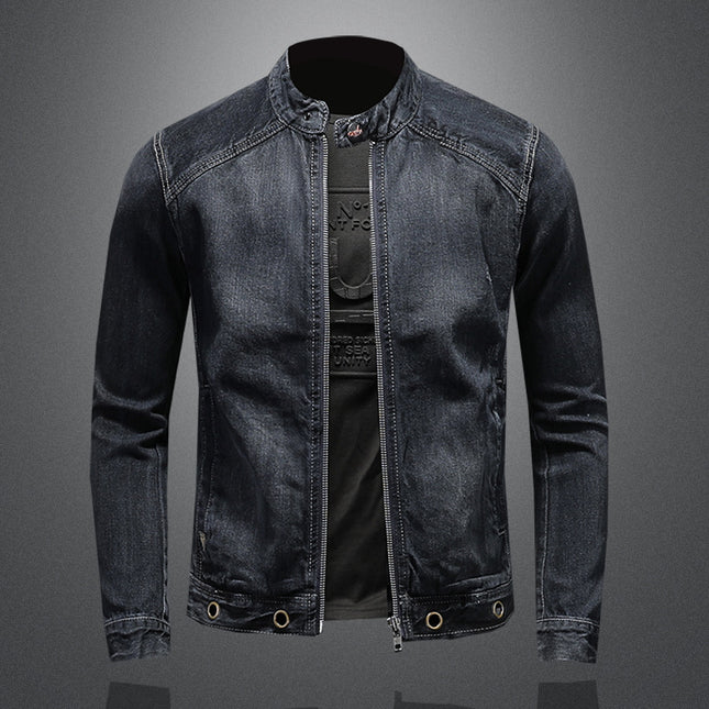 Stand-up Collar Dark Blue Motorcycle Vintage Zipper Denim Coat