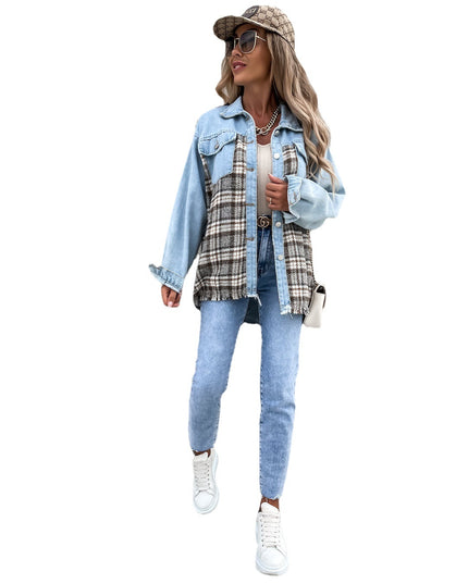 Denim Stitching Plaid Coat Loose Top Women