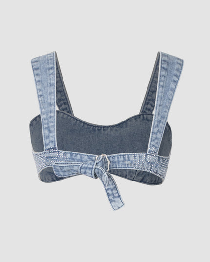Elegant Glittery Denim Crop Top And Pants Ensemble