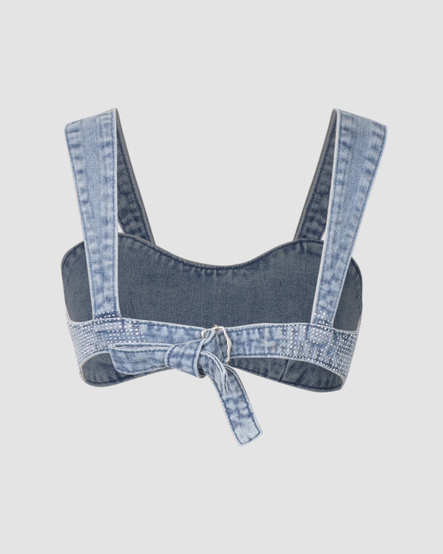Elegant Glittery Denim Crop Top And Pants Ensemble