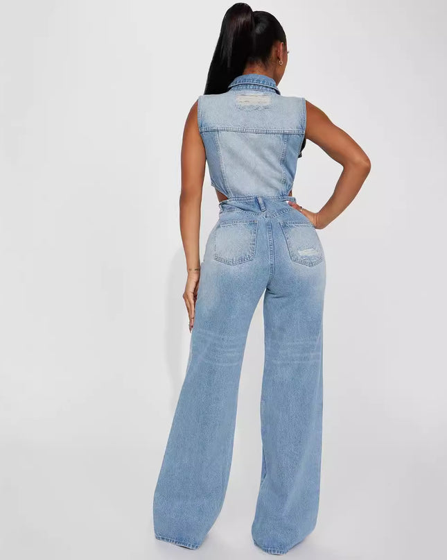 Slim Elastic Wash Denim Jumpsuit Straight Loose Jumpsuit