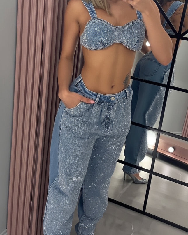 Elegant Glittery Denim Crop Top And Pants Ensemble