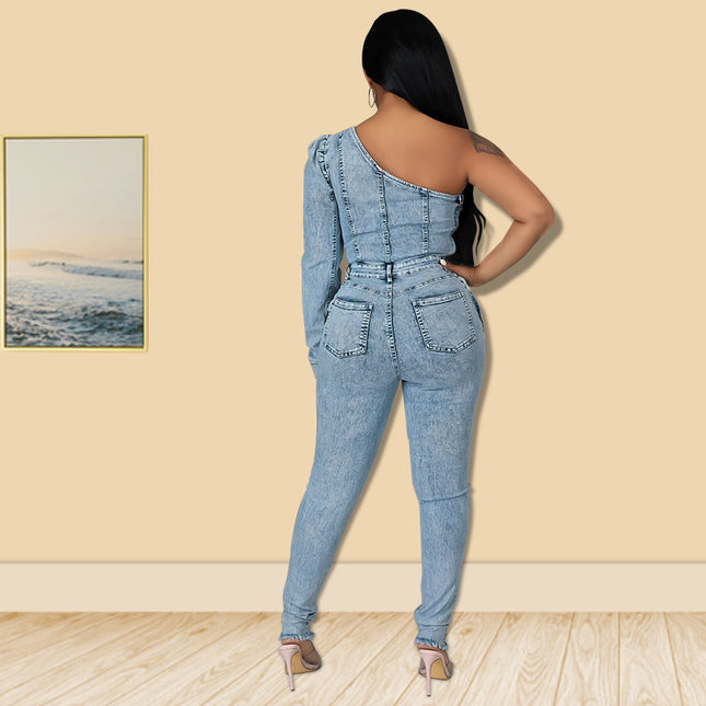 Salt Washing Craft Unilateral Sleeve Jumpsuit
