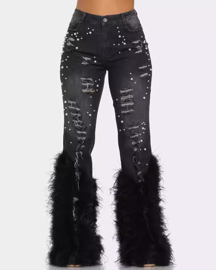 Artificial Wool Ripped Beaded Stretch Jeans