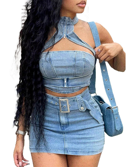 Washed Stretch Denim Halter Zipper Casual Skirt Suit