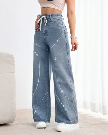 American-style Vintage Womens Washed Denim Jeans With Beadwork