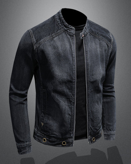 Stand-up Collar Dark Blue Motorcycle Vintage Zipper Denim Coat