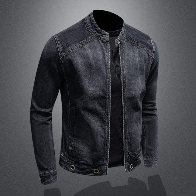Stand-up Collar Dark Blue Motorcycle Vintage Zipper Denim Coat