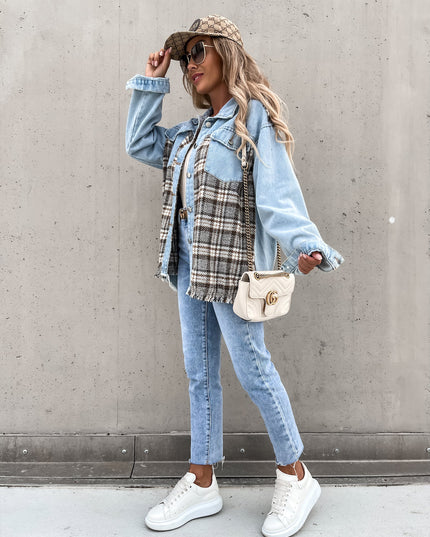 Denim Stitching Plaid Coat Loose Top Women