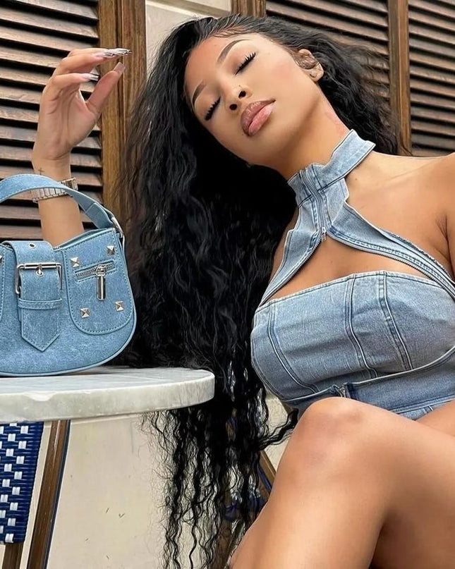 Washed Stretch Denim Halter Zipper Casual Skirt Suit