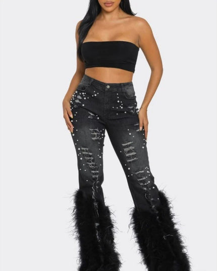Artificial Wool Ripped Beaded Stretch Jeans