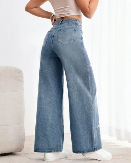 American-style Vintage Womens Washed Denim Jeans With Beadwork