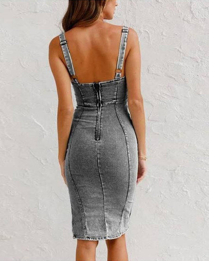 Suspender Denim Dress Summer Casual Tight Slim Fit Dresses With Slit Design