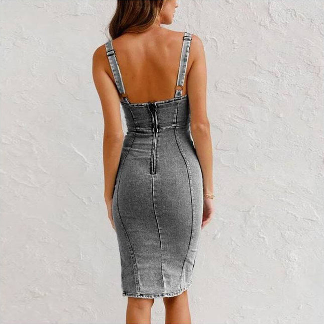 Suspender Denim Dress Summer Casual Tight Slim Fit Dresses With Slit Design