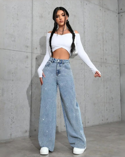 Women's Loose Mid-Waist Stretch Straight Jeans With Rhinestones
