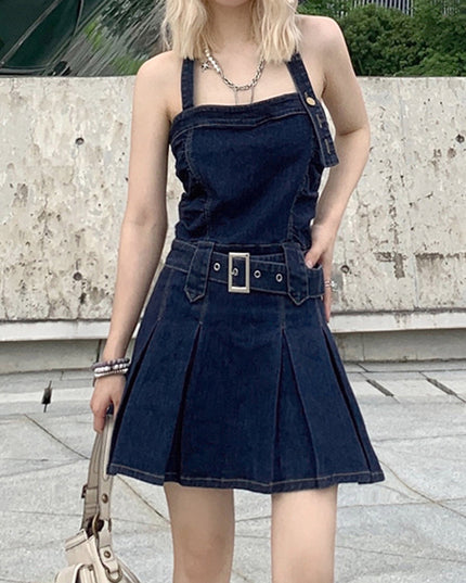 Women Denim Mini Dress Off Shoulder Halter Neck Sleeveless