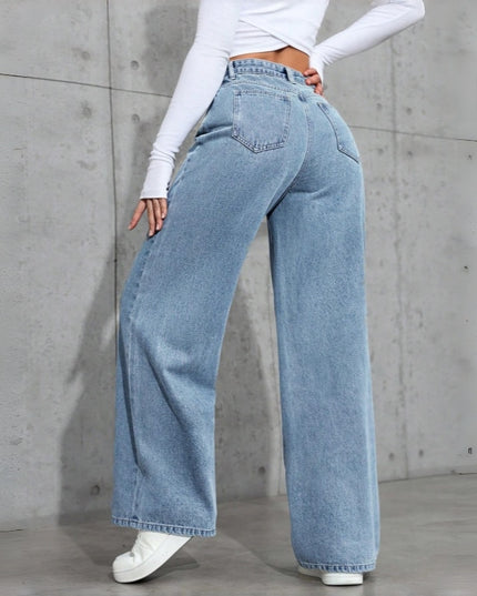 Women's Loose Mid-Waist Stretch Straight Jeans With Rhinestones