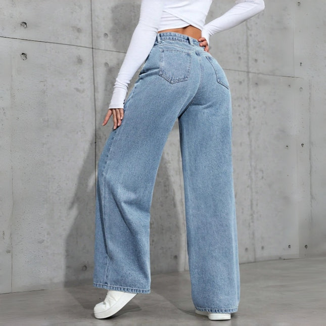 Women's Loose Mid-Waist Stretch Straight Jeans With Rhinestones