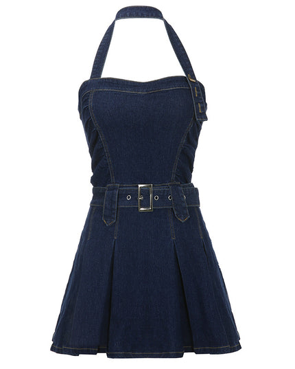 Women Denim Mini Dress Off Shoulder Halter Neck Sleeveless