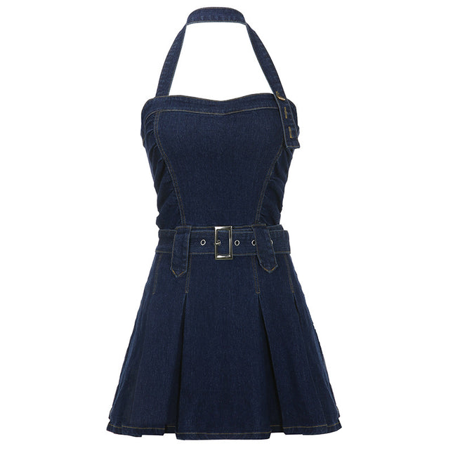 Women Denim Mini Dress Off Shoulder Halter Neck Sleeveless