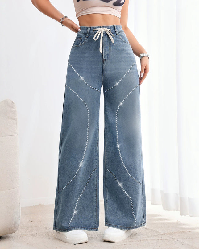 American-style Vintage Womens Washed Denim Jeans With Beadwork