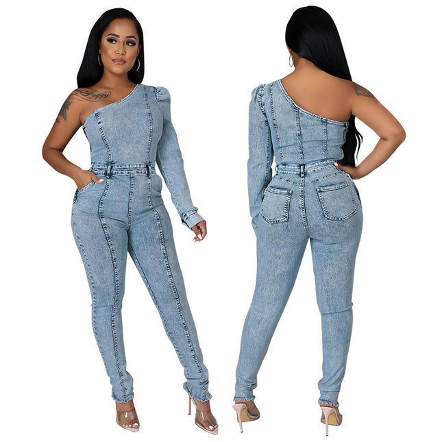 Salt Washing Craft Unilateral Sleeve Jumpsuit