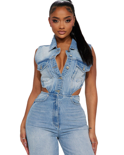 Slim Elastic Wash Denim Jumpsuit Straight Loose Jumpsuit