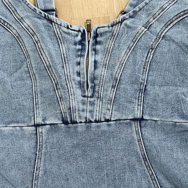 Suspender Denim Dress Summer Casual Tight Slim Fit Dresses With Slit Design