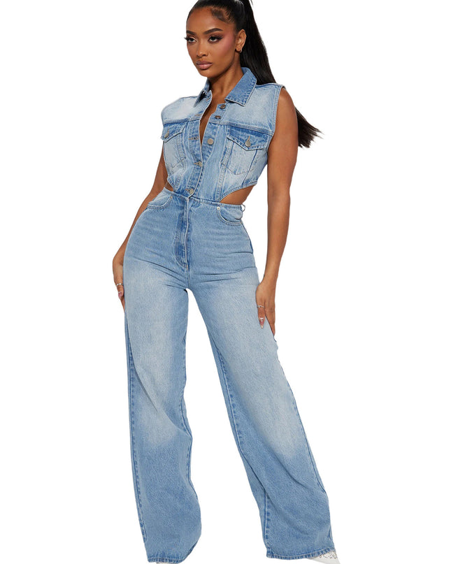 Slim Elastic Wash Denim Jumpsuit Straight Loose Jumpsuit