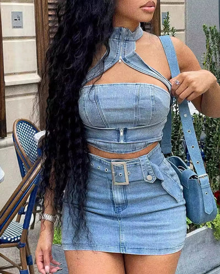 Washed Stretch Denim Halter Zipper Casual Skirt Suit
