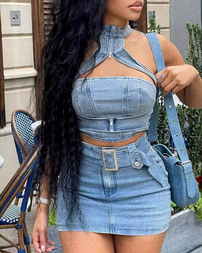 Washed Stretch Denim Halter Zipper Casual Skirt Suit