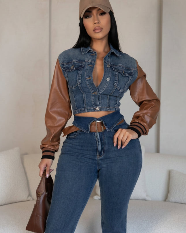 Cowboy Set Leather U Cowboy Patch Stretch Jeans