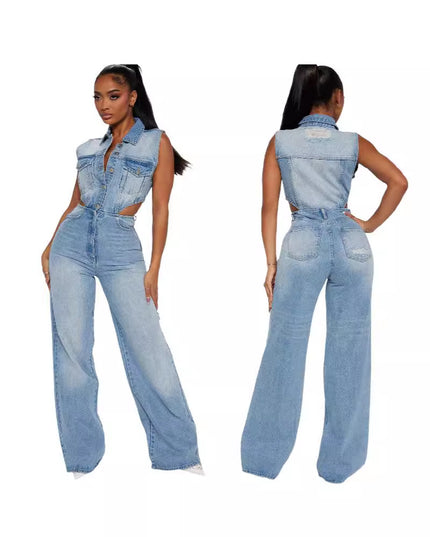 Slim Elastic Wash Denim Jumpsuit Straight Loose Jumpsuit