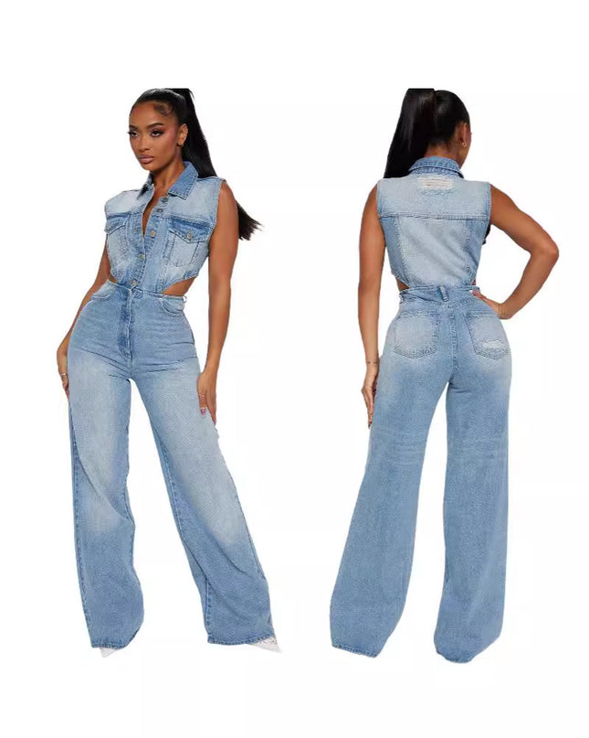 Slim Elastic Wash Denim Jumpsuit Straight Loose Jumpsuit