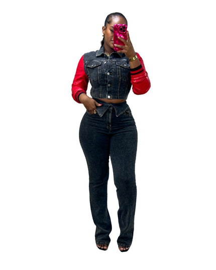 Cowboy Set Leather U Cowboy Patch Stretch Jeans