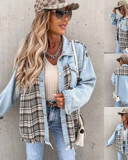 Denim Stitching Plaid Coat Loose Top Women