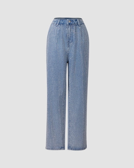 Elegant Glittery Denim Crop Top And Pants Ensemble