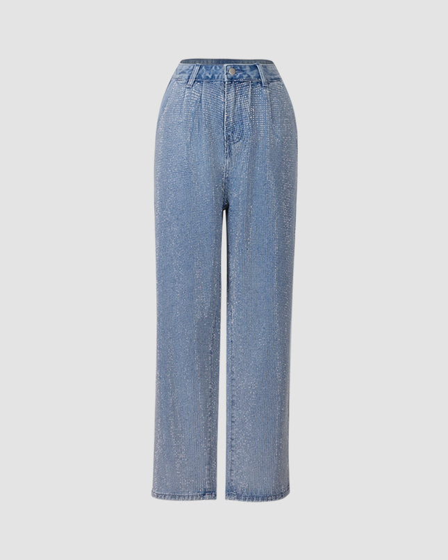 Elegant Glittery Denim Crop Top And Pants Ensemble