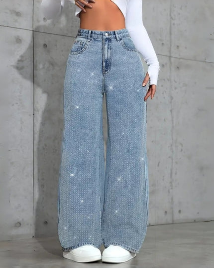 Women's Loose Mid-Waist Stretch Straight Jeans With Rhinestones