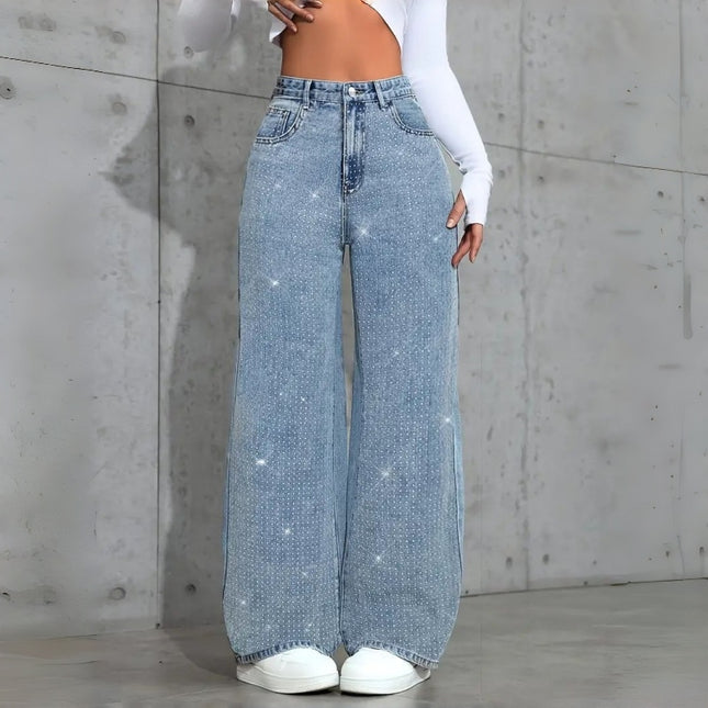 Women's Loose Mid-Waist Stretch Straight Jeans With Rhinestones