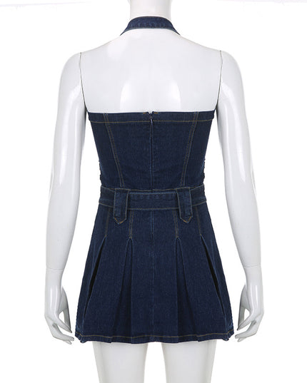 Women Denim Mini Dress Off Shoulder Halter Neck Sleeveless