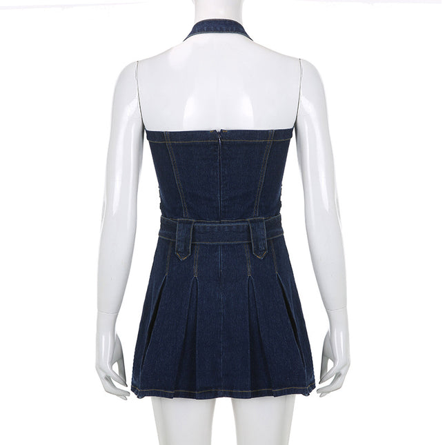 Women Denim Mini Dress Off Shoulder Halter Neck Sleeveless