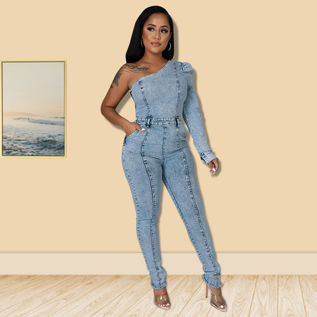 Salt Washing Craft Unilateral Sleeve Jumpsuit
